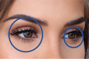 Rostro de mujer con círculos ópticos sobre los ojos
