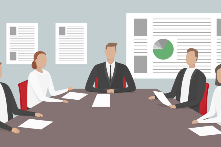 Directors sitting at table in board room. Vector illustration